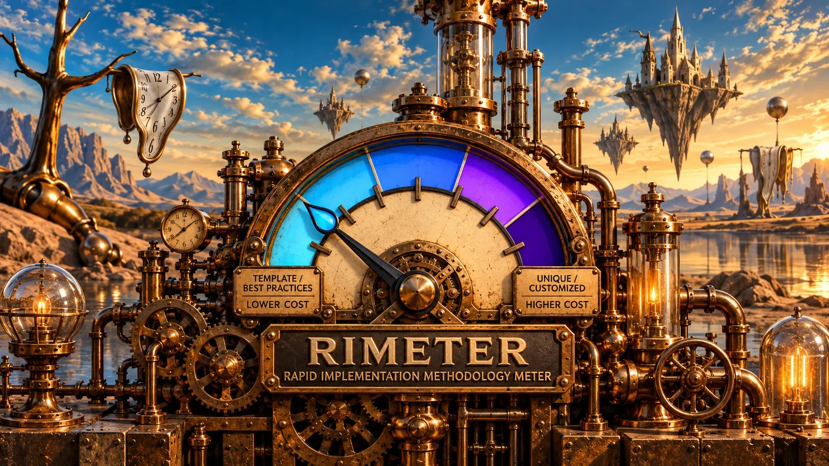The RIMETER, Rapid Implementation Methodology Meter: a brass gauge running from Template / Best Practices, Lower Cost to Unique / Customized, Higher Cost, its needle near the Template end.